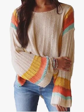 Cream Knit Sweater with Colorful Stripe Bell Sleeves